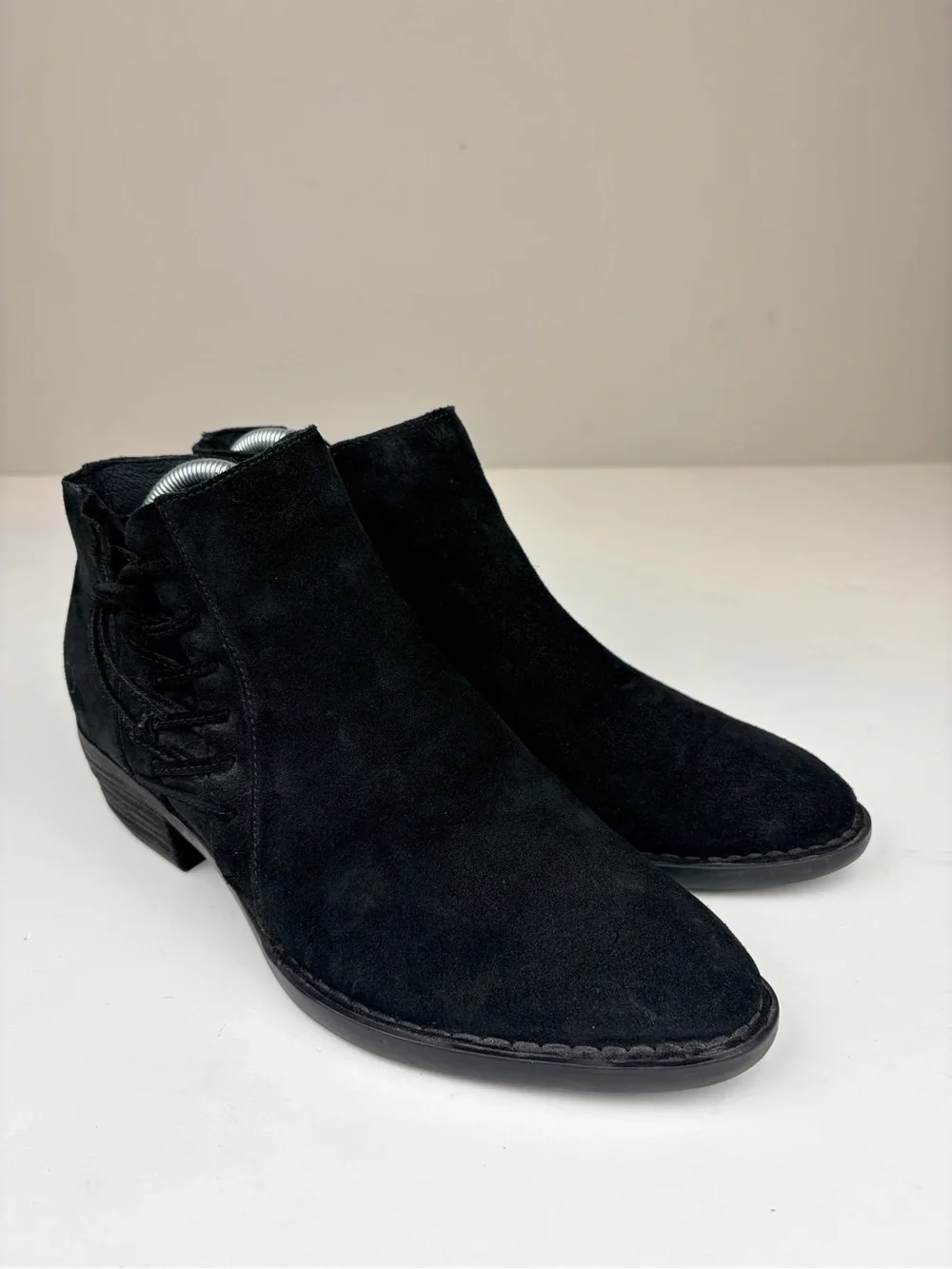 Born Black Suede Ankle Booties Side Zip Lace Up Low Heel Womens 9.5M